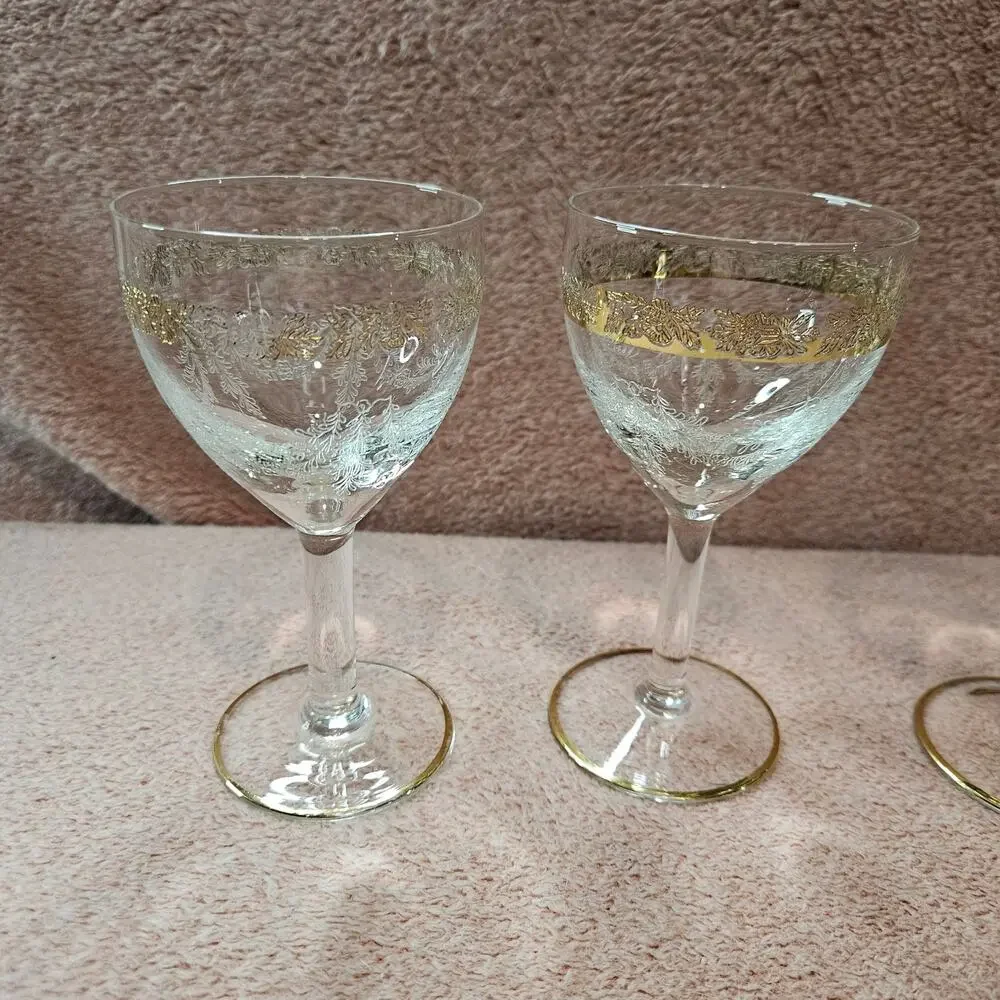 4 Vintage Bohemian Etched Crystal Cordial Glasses with Gold Trim & Floral Detail